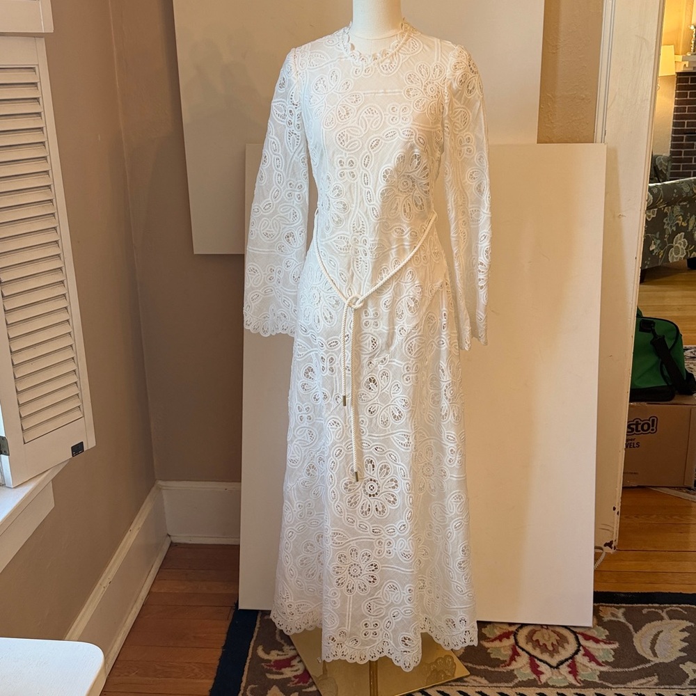 Zimmermann White Long-Sleeve Eyelet Lace Midi Dress - Picture 2 of 15